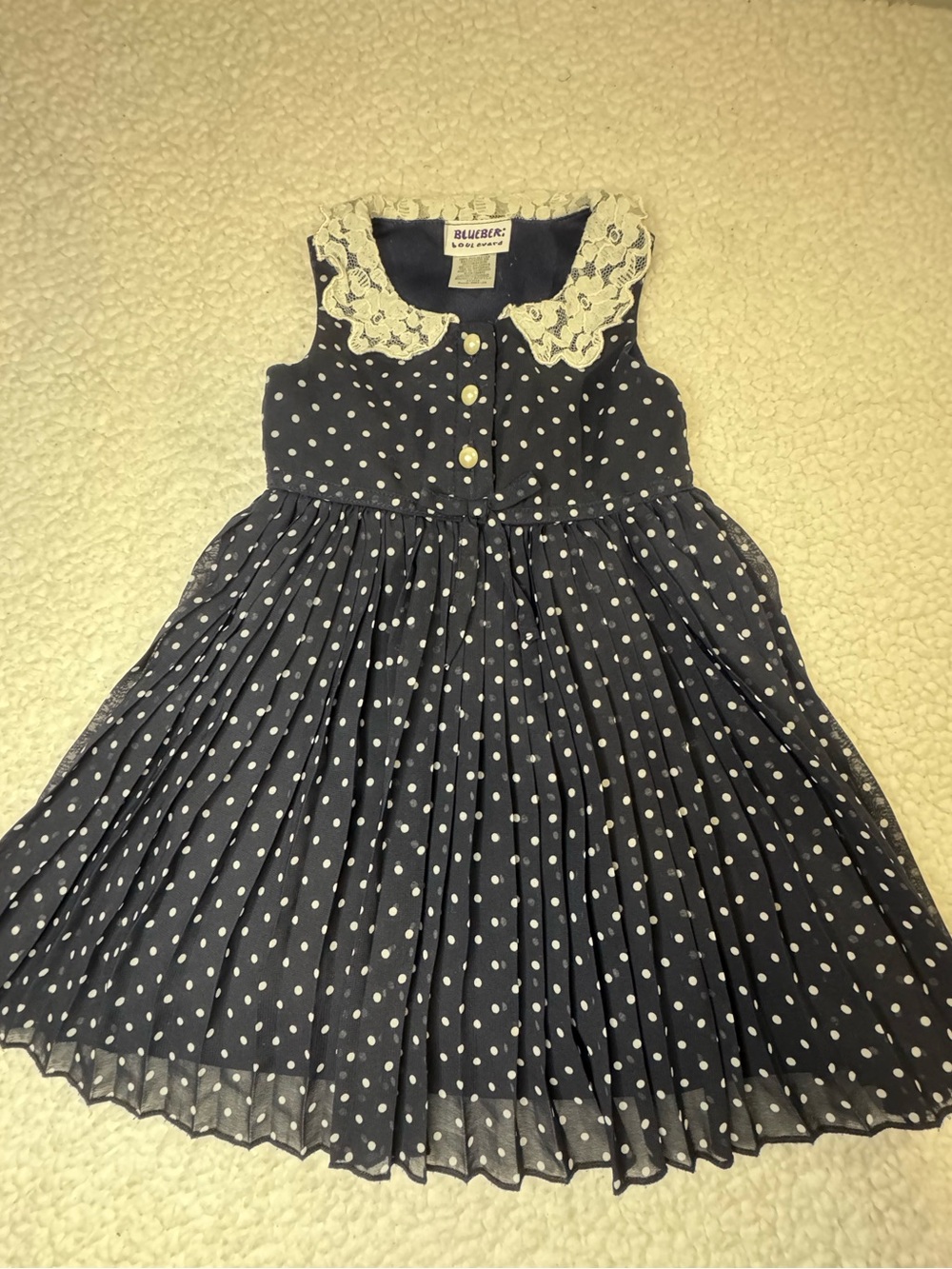 Blueberi Boulevard Navy Polka Dot Dress with Cream Lace Collar